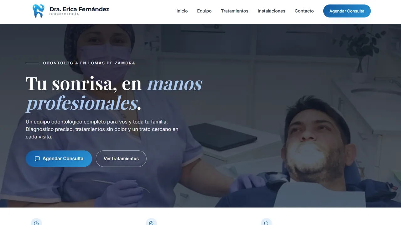 Captura del sitio de la Dra. Erica Fernández, odontología en Lomas de Zamora